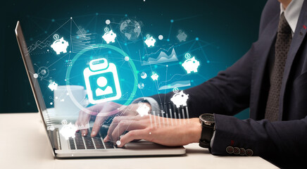 Business hand working on laptop, successful business concept