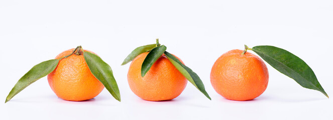 gruppo di tre clementini con foglie  su fondo bianco 