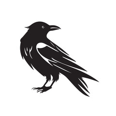Obraz premium Crow minimal black and white vector illustration icon. Black bird with feathers and dark beak. Minimalistic tattoo idea. Modern company logo. Silhouette of raven. Isolated mascot idea. Vector element