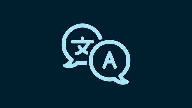 White Translator icon isolated on blue background. Foreign language conversation icons in chat speech bubble. Translating concept. 4K Video motion graphic animation