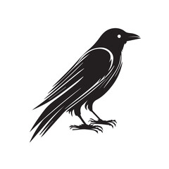 Crow minimal black and white vector illustration icon. Black bird with feathers and dark beak. Minimalistic tattoo idea. Modern company logo. Silhouette of raven. Isolated mascot idea. Vector element
