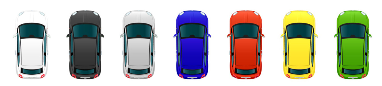 Set of small city car view from above. Vector illustrations of different colors automotive. Vector isolated on white.