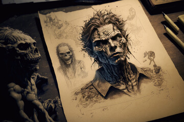 A zombie sketch study. Zombie sketch. Non-existent person in generative AI digital illustration.