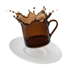 Splashing coffee in the shape of a coffee cup with porcelain saucer.