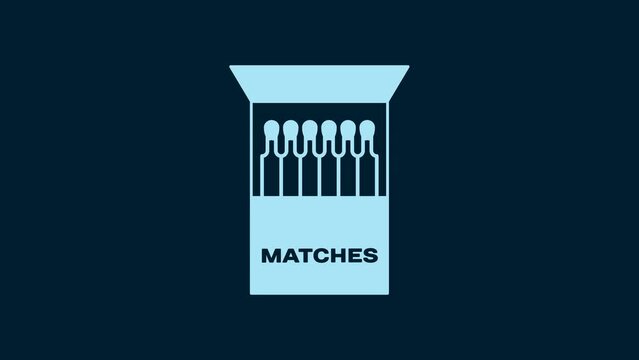 White Open matchbox and matches icon isolated on blue background. 4K Video motion graphic animation