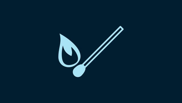 White Burning match with fire icon isolated on blue background. Match with fire. Matches sign. 4K Video motion graphic animation