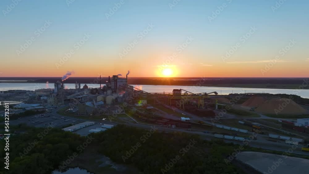 Poster Large factory structure with smoke from production process rising up polluting atmosphere at manufacturing yard. Industrial site at sunset