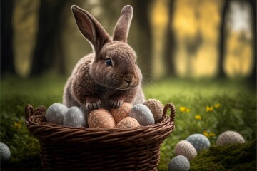 Easter bunny sitting in egg basket created with generative AI technology