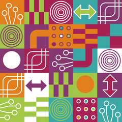 Abstract geometric poster with a pattern of simple geometric shapes in bright colors. Digital graphics are suitable for interior decoration, book covers and textiles