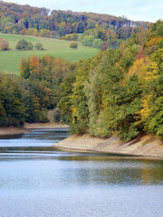 A beautiful green field and colorful woods and a river in national park.