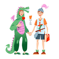 Children in carnival costumes: girl in a dragon kigurumi and boy in a knight costume. Diada de Sant Jordi (the Saint George’s Day). Traditional festival in Catalonia, Spain