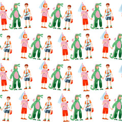 Children in carnival costumes: princess, dragon and knight. Diada de Sant Jordi (the Saint George’s Day). Seamless background pattern
