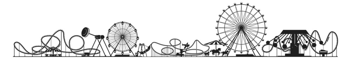 Amusement park panorama. Black line attraction icons