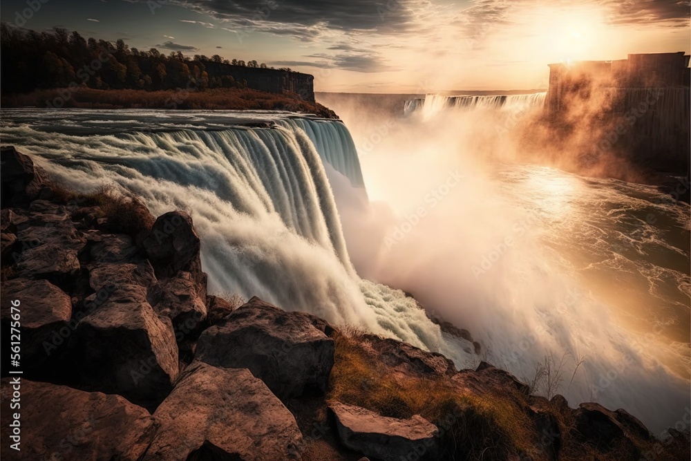 Poster a waterfall with water pouring out of it and a sunset in the background with clouds in the sky above