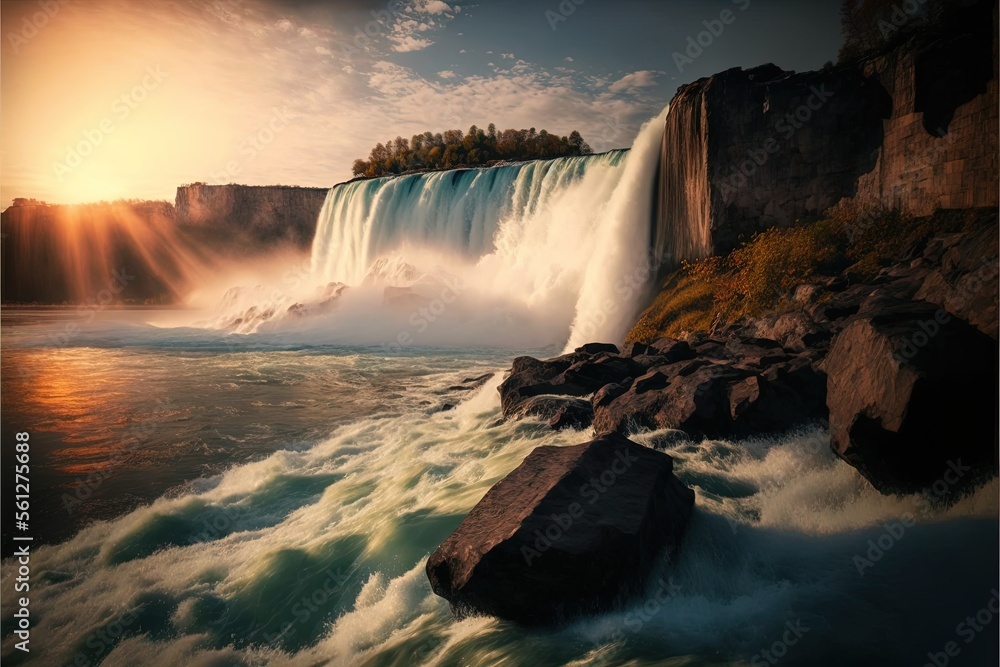 Poster  a waterfall with a large waterfall in the background and a sunset in the foreground with a few trees on the other side of the falls and a body of water with a small island., generative ai