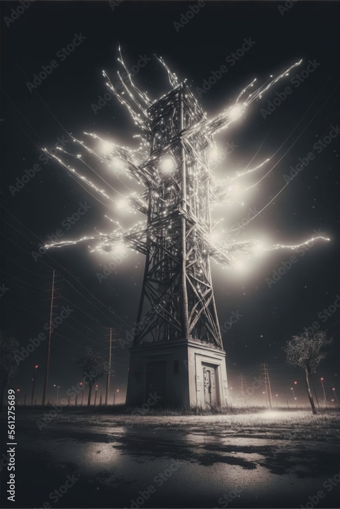 Poster a tower with lights on it and a sky background with clouds and stars in the sky above it and a stree