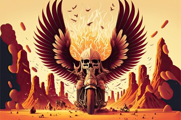 AI generated art, wall art, wallpaper frame art, comic style painting, background, bikers world, burning winged skull, motorcycle biker decor