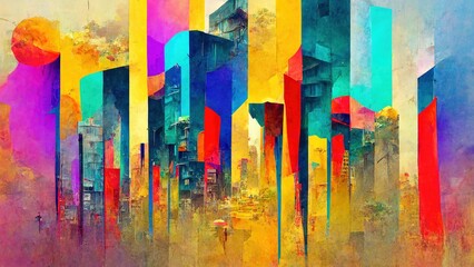 AI generated art, abstract wall art, wallpaper frame art, watercolor painting, red, yellow, cyan background, city, building, architecture decor
