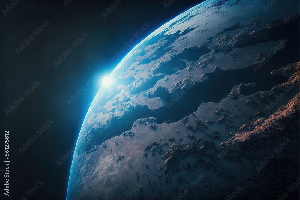Poster a view of the earth from space with a bright light shining on it's side and a dark background with a