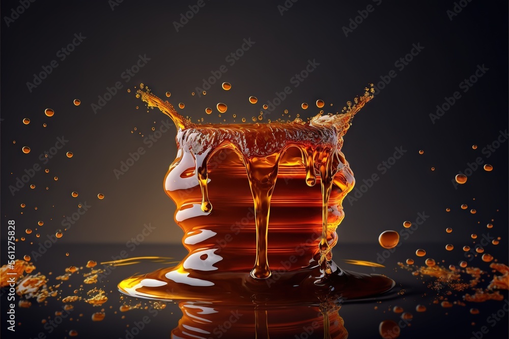 Aufkleber a liquid pouring out of a glass container on a table with a black background and a black background 