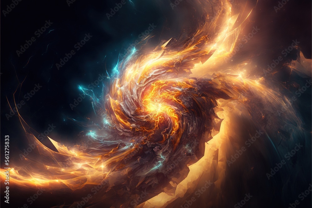 Poster a computer generated image of a spiral of fire and ice in a dark background with a blue and yellow s