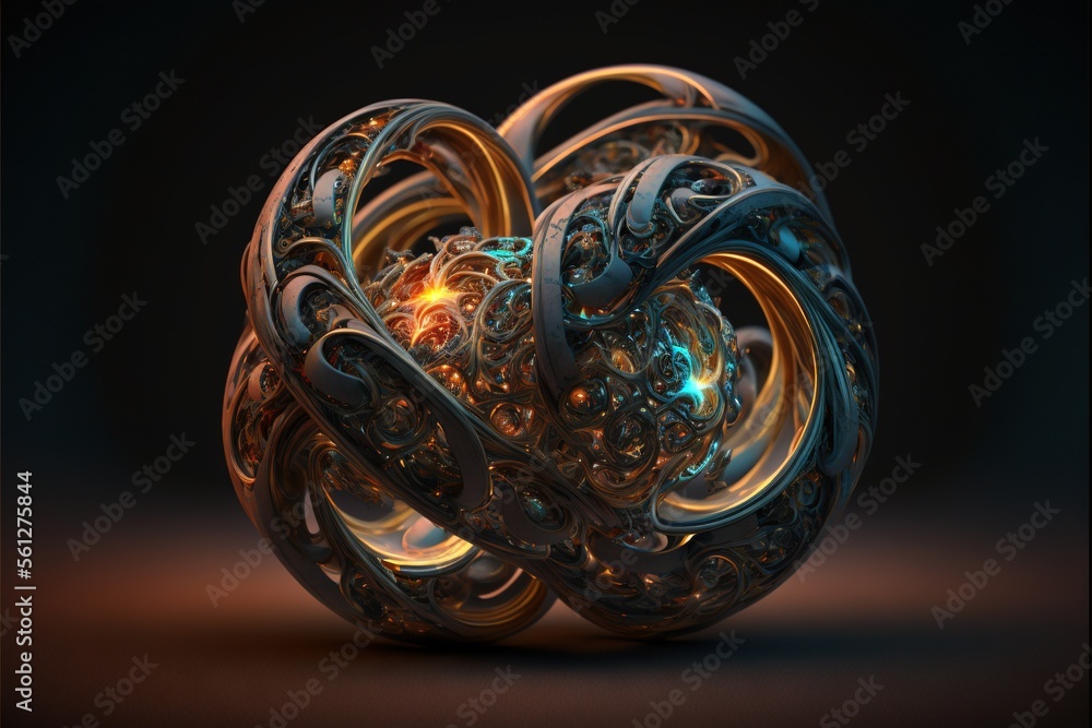Poster a computer generated image of a ball of metal and glass with a glowing center and a black background
