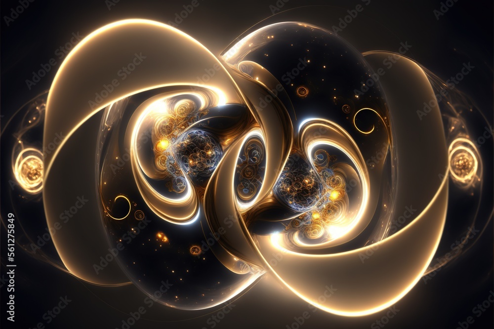Poster a computer generated image of a spiral of light and shapes in yellow and blue colors with a black ba