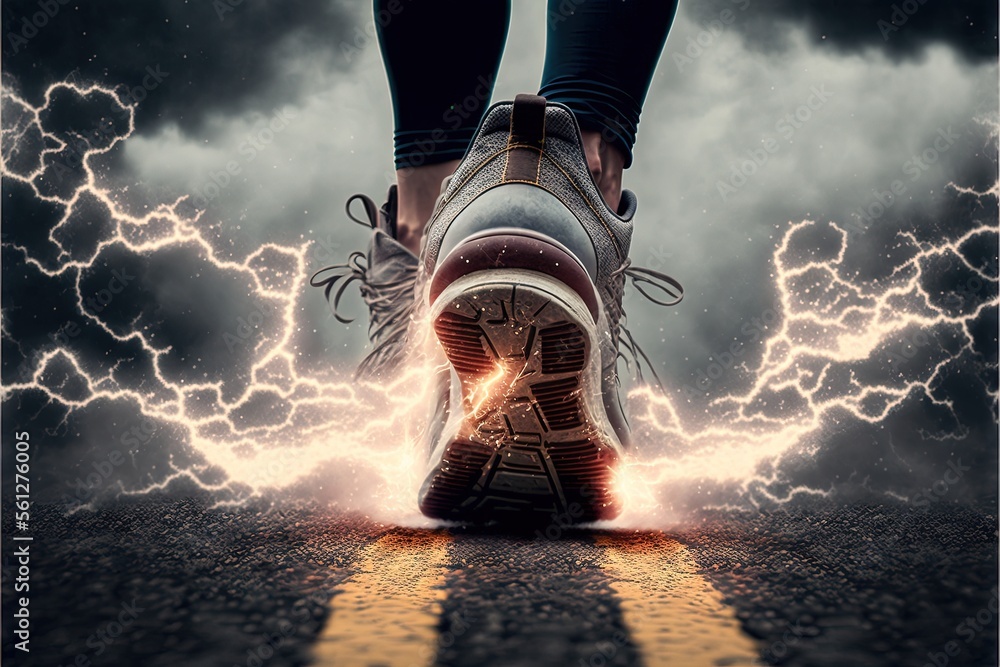 Poster a person standing on a road with a pair of shoes on it and lightning behind them, with a dark sky an