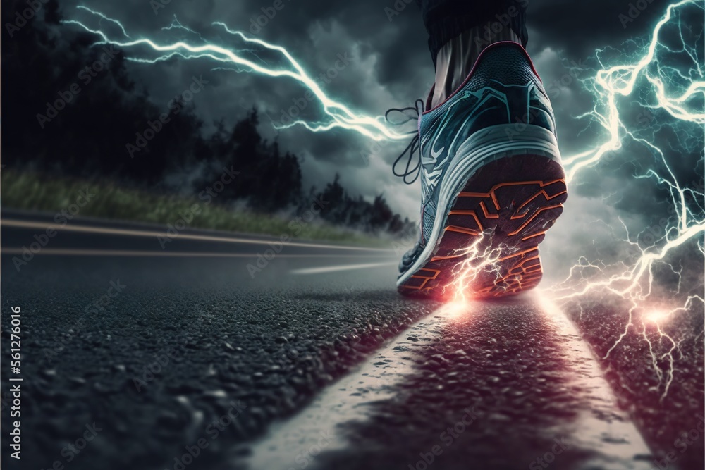 Poster a person's feet with lightning in the background and a road with a red shoe on it and a black sky wi
