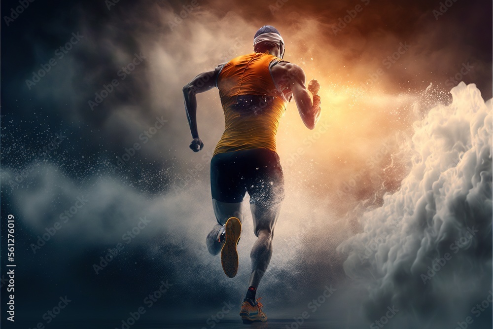 Poster a man running through a cloud filled sky with a bright light behind him and a dark background with c