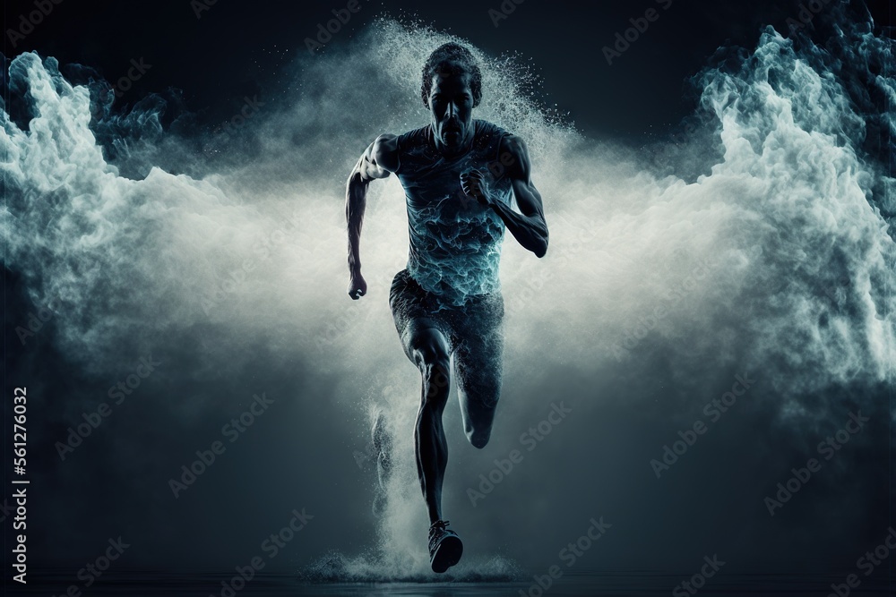 Poster a man running through a cloud filled sky with a sky background and a sky background behind him is a 