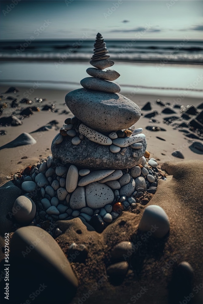 Poster a stack of rocks sitting on top of a sandy beach next to the ocean with a wave coming in to shore an
