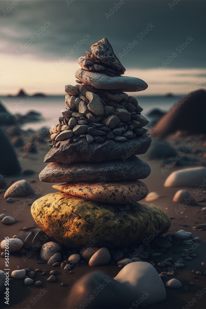 Poster a stack of rocks sitting on top of a sandy beach next to the ocean under a cloudy sky with a few clo