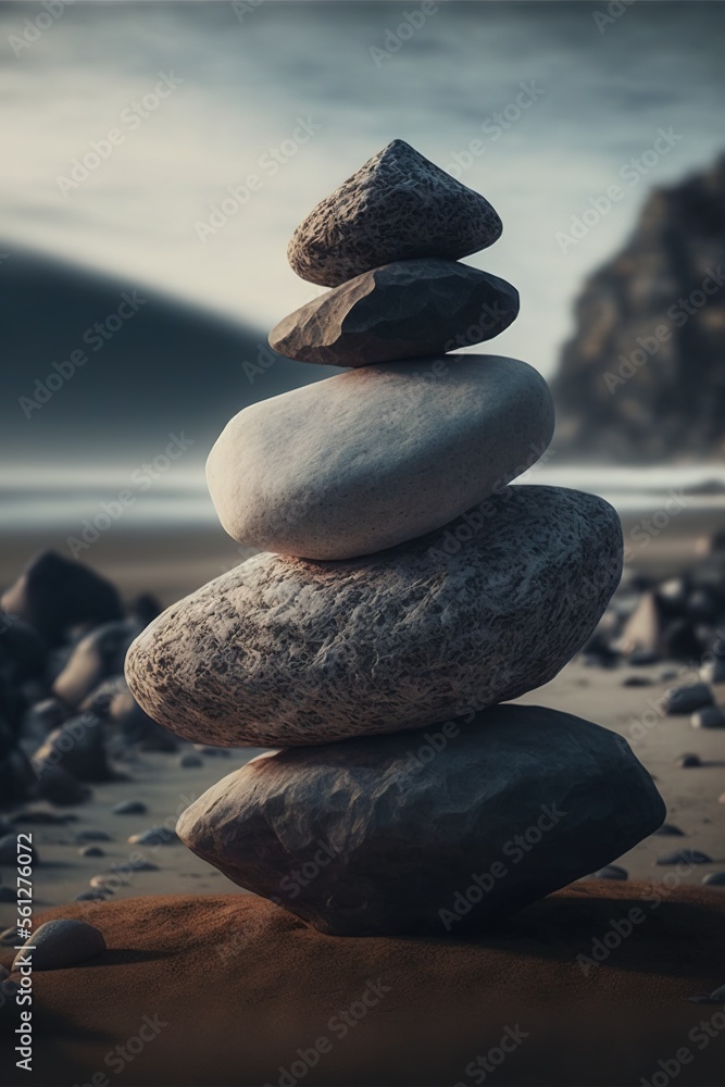 Poster a stack of rocks sitting on top of a sandy beach next to the ocean with a wave coming in to shore be