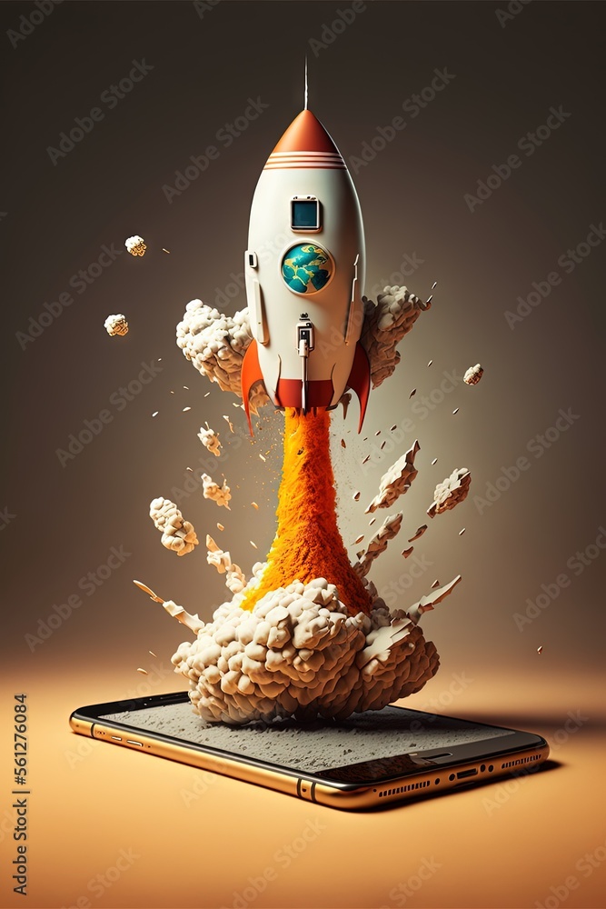 Poster a phone with a rocket on top of it and a bunch of white clouds coming out of it and a yellow liquid 