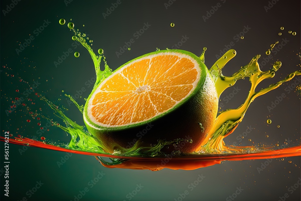Poster a orange is being splashed with juice on a green background with water droplets and splashes around 