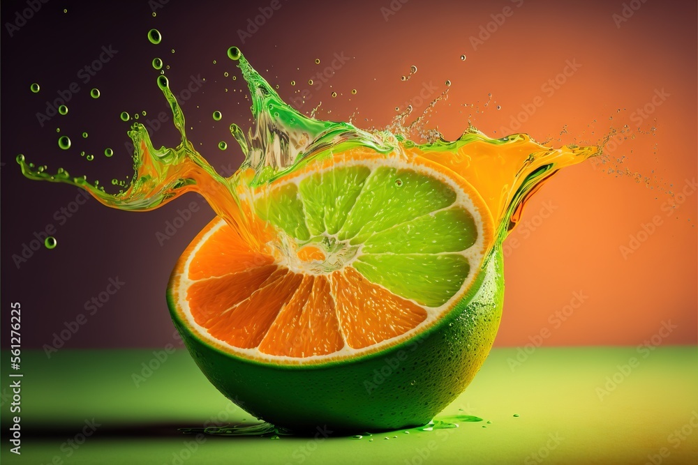 Aufkleber a lime and orange are being splashed with water on a table top with a pink background and a green ba