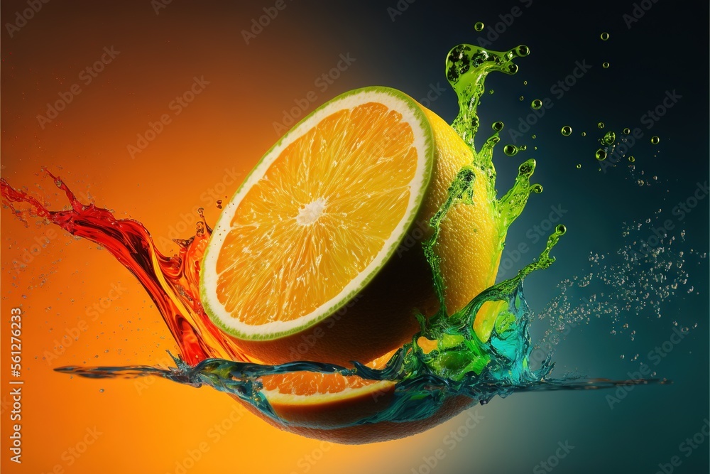 Poster a orange is being splashed with water by a splash of orange juice on a black background with a splas