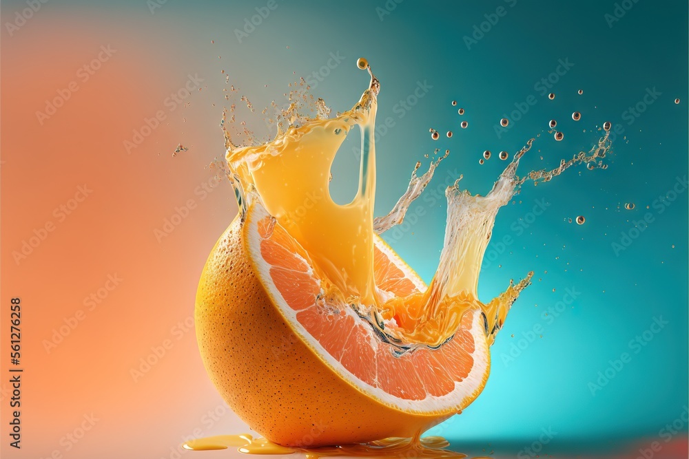 Poster a grapefruit is being squeezed into a glass of orange juice with a splash of water on it and a blue 