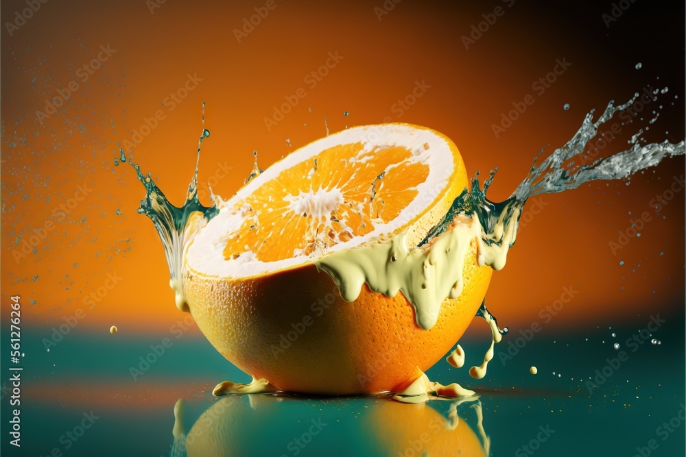 Poster an orange is being splashed with green liquid on a black background with a orange slice in the foreg