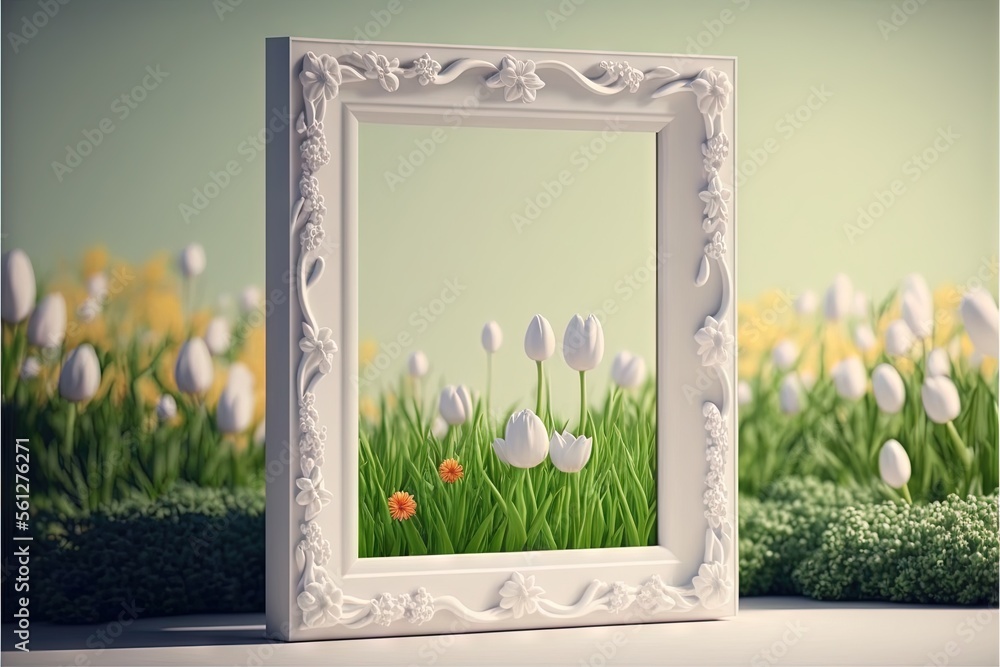 Poster a picture frame with a picture of a field of flowers in it and a picture of a field of flowers in th