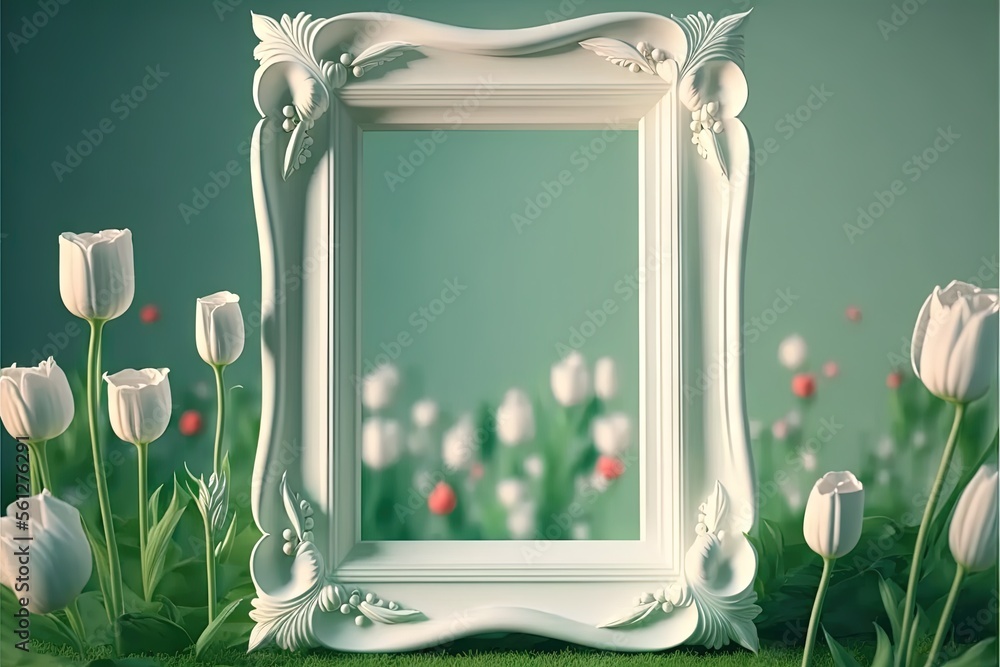 Poster a white frame sitting on top of a lush green field of flowers next to a field of white tulips and a 