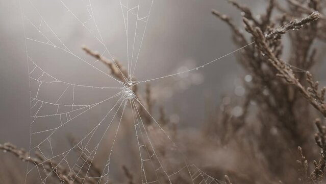Cobwebs in bad weather on bushes fluctuate from the wind. A trap for simpletons. High quality 4k footage