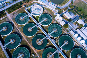 Aerial View of Drinking-Water Treatment. Microbiology of drinking water production and distribution, water treatment plant. Recirculation solid contact clarifier sedimentation tank	