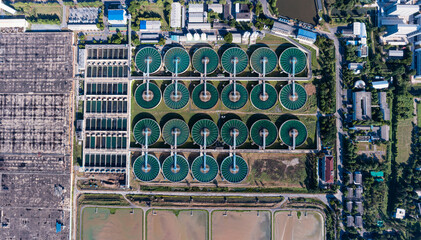 Aerial View of Drinking-Water Treatment. Microbiology of drinking water production and distribution, water treatment plant. Recirculation solid contact clarifier sedimentation tank	
