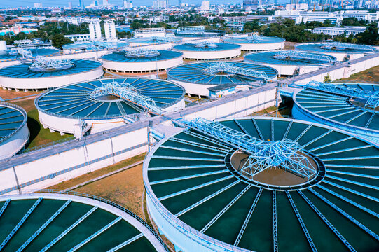 Aerial View of Drinking-Water Treatment. Microbiology of drinking water production and distribution, water treatment plant. Recirculation solid contact clarifier sedimentation tank	