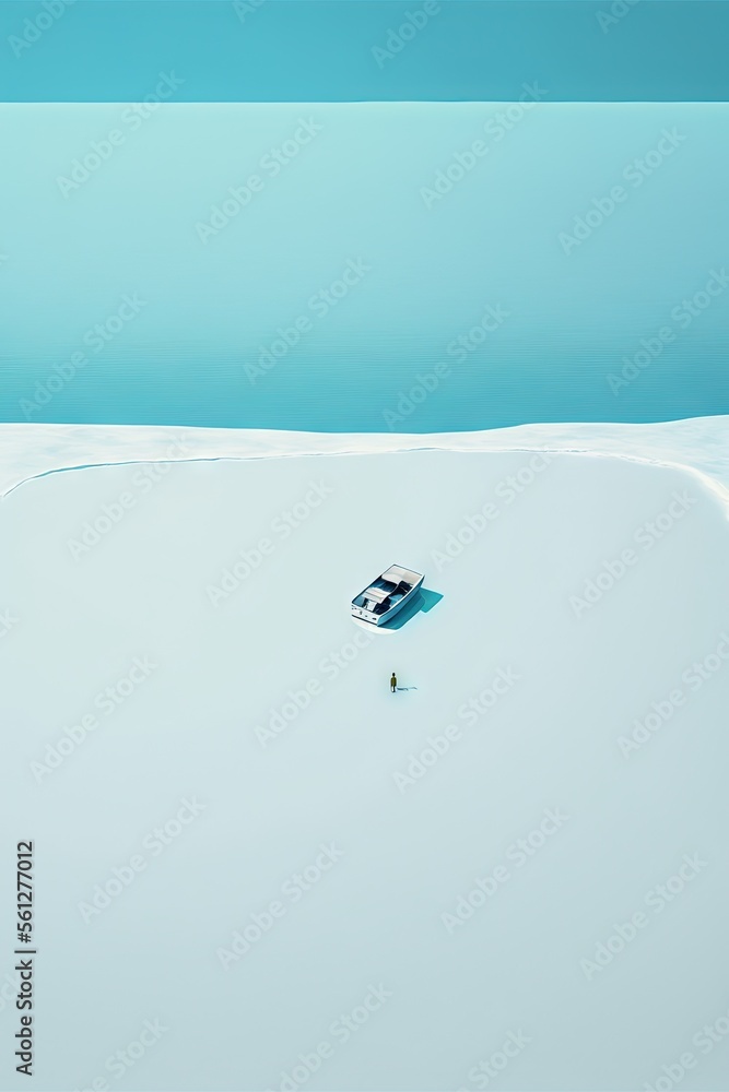 Poster  a small white car is in the middle of a snowy field with a blue sky in the background and a small white car is in the middle of the snow field with a small white car., generative ai