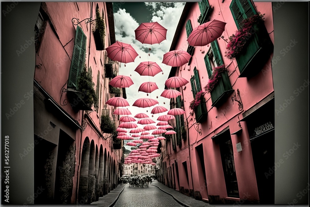 Poster a street with many pink umbrellas hanging from the ceiling of it's buildings and a walkway between t