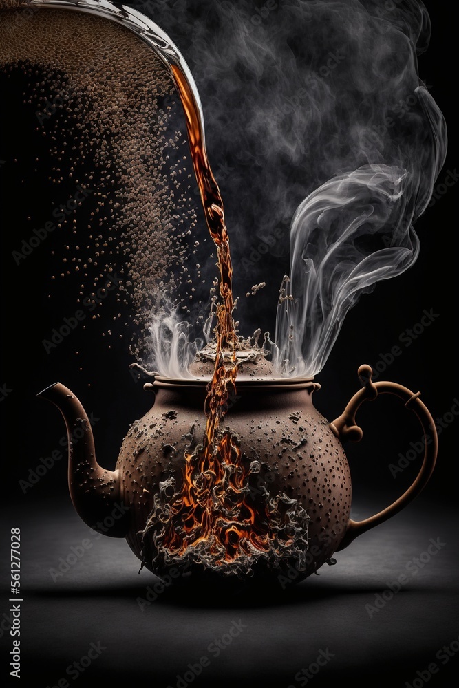 Aufkleber a teapot with steam pouring out of it and a kettle with a kettle on it with a liquid pouring out of 