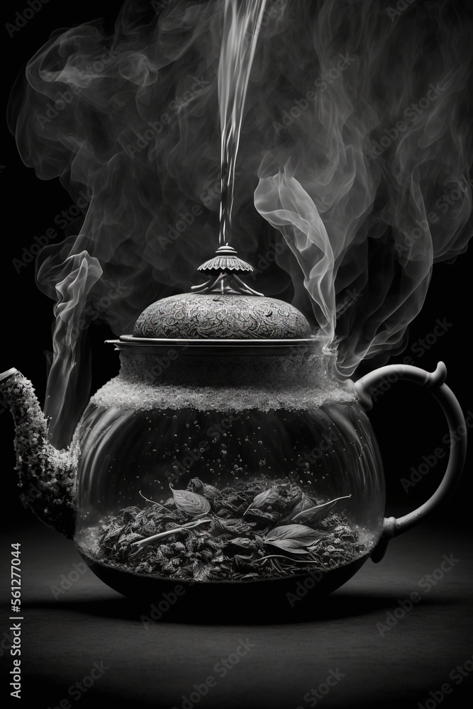 Aufkleber a teapot with steam rising from it and a kettle with a lid on it, on a black background with smoke c
